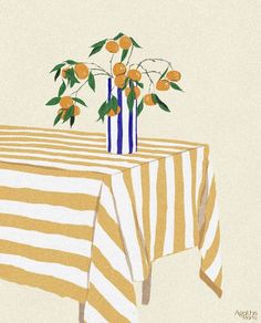 a painting of flowers in a vase on top of a striped tablecloth with yellow and white stripes