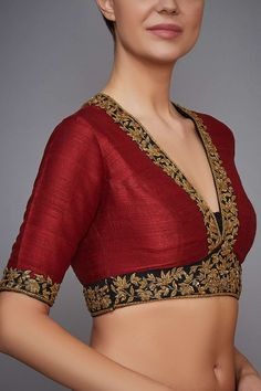 Maroon Embroidery, Blouse Designs High Neck, Ritu Kumar