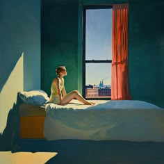 a painting of a woman sitting on a bed in front of a window looking out at the city