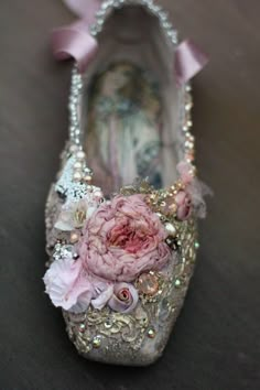 Ornate home decor piece, fairytale baroque ballerina shoe. Inspiration came one of my digital collages where i combined florals over museum canvas shoe photo and got the vision to embellish physical shoe with same rich color and details, musing the baroque era fashion. The shoe has been covered with vintage and antique ornate lace pieces (mainly tambour lace) then painted with chalk paints in cream, sandy beige and gold, varnished, and embellished with silk blossoms, handmade silk sculpted cabba Shoe Photo, Baroque Era, Digital Collages, Era Fashion, Silk Florals, Canvas Shoe, Shoes Photo, Rose Vintage, Shoe Inspiration