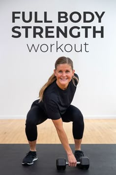 a woman is doing a full body strength workout with two dumbbells in front of her