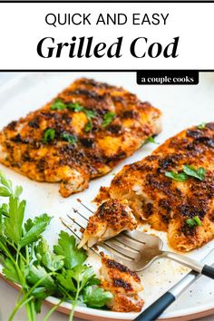 grilled chicken on a plate with a fork and parsley garnishes