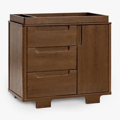 a wooden cabinet with two drawers on one side and an open drawer on the other