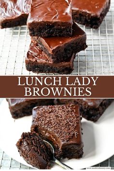 chocolate brownies are stacked on top of each other with the words, lunch lady brownies