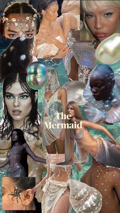 the mermaid collage has many different pictures and words on it, including an image of a woman with pearls in her hair