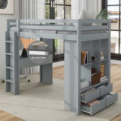 a loft bed with desk underneath it in a room