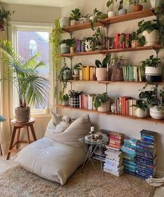 a living room filled with lots of plants and books on shelves next to a window