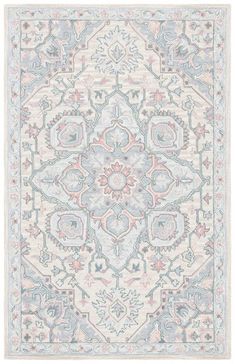 a rug with an ornate design on the front and back side, in light blue and pink