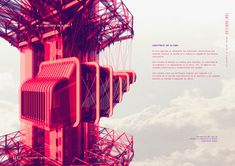 an abstract image of a red structure with clouds in the background and text below it