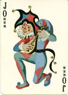 a card with a clown playing the guitar