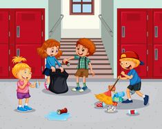 children cleaning the floor in front of school lockers with their brooms and garbage bags