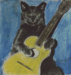 a black cat sitting on top of a yellow and blue guitar with it's paw in the strings