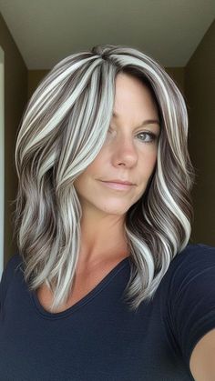 Light Brown With Silver Highlights, Dark Brown With Platinum Highlights, Medium Brown Hair With Silver Highlights, Blonde Hair Purple Highlights, Silver Hair With Lowlights, Grey Blonde Hair Ashy Highlights, Platinum Blonde Highlights On Dark Hair, Dimensional Blonde With Lowlights, Grey Blending Highlights