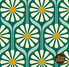 an art deco wallpaper with flowers and circles in teal, yellow and white