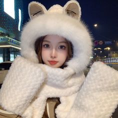 Color: White Three In One, Gloves Pattern, Fox Ears, Hat Scarf, Pattern Animal, Us Man, Fabric Names, Womens Purses, White Beige