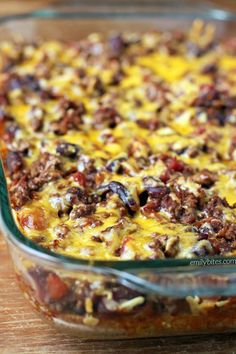 a casserole dish filled with meat and cheese