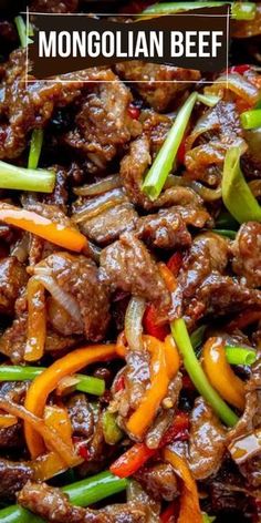 beef and peppers stir fry in a skillet with the words beef recipe on it