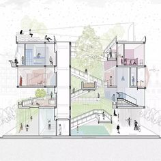 an architectural drawing shows the inside of a building with people walking and sitting in it