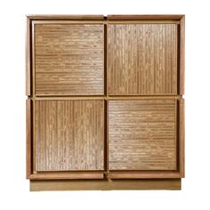 a wooden cabinet with four compartments on the front and one door open to reveal it's natural wood grains