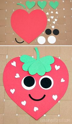 two pictures of strawberries with faces and hearts on them, one is made out of cardboard