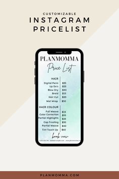 a phone with the text instagramm price list on it, and an image of a