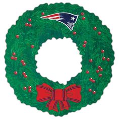 a wreath with the new england football team on it and a bow hanging from it