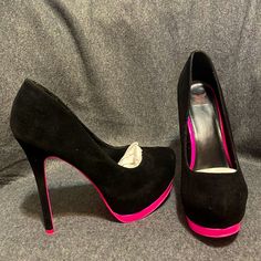 Shiekh Women’s Black And Pink, Pink Bottoms Platform Heels Size 10. 6” Heel. Never Worn Outdoors. Black And Pink Heels, Pink And Black Quinceanera, Dark Pink Heels, Hot Pink And Black Wedding, Pink Black Weddings, Studio Vibes, White Figures, Pink Bottoms, Pink Bottom