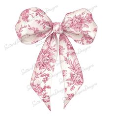 a pink and white bow with flowers on the front, in watercolor pencils