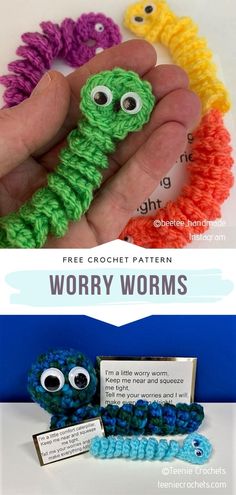 crocheted worms are shown in different colors and sizes, with the words worry worms