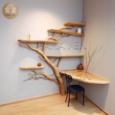 a desk with a tree shaped shelf next to it