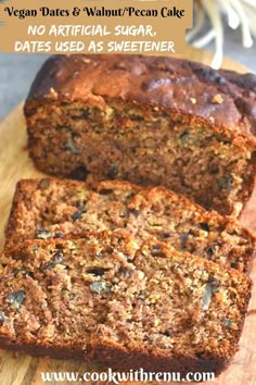 Slices of Egg-Less, Sugar-Less, Butter-Less Dates & Walnut Cake or a Vegan Dates and Walnut Cake showing the inside texture. Low Fat Cake, Sugar Free Cake Recipes, Date And Walnut Cake, Rich Cake, Sugar Free Cake, Artisan Bread Recipes, Healthy Vegan Desserts, Gluten Free Bakery, Cake Vegan