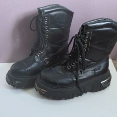 Super Super Rare Rare Goth Anarchic Tuk Combat Boots Sz-8 Men These Are Heavy 6lbs They Are Chunky. All Man Made Vegan Boots. Super Cute And Look Better In Person. Wore One Halloween Back In 2002 The Details Are Amazing And Love The Metal Accents. Emo High-top Leather Platform Boots, Black Leather Emo Moto Boots, Emo Style Black Leather Moto Boots, Black Emo Boots For Streetwear, Emo Black Boots For Streetwear, Emo Leather Platform Moto Boots, Emo Leather Boots For Streetwear, Emo Leather Moto Boots, Emo Leather Moto Boots For Streetwear