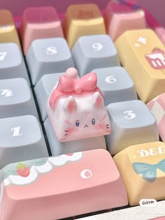 a close up of a keyboard with hello kitty keycaps