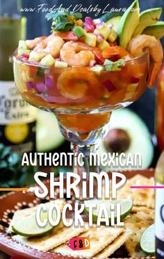 the cover of authentic mexican shrimp cocktail, featuring tortilla chips and guacamole