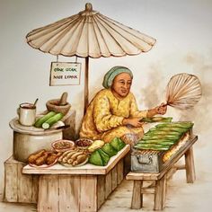 a painting of a person cooking food on a table with an umbrella over it and other items in the background