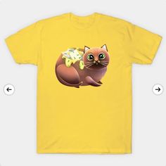 a yellow t - shirt with an image of a cat on it's chest