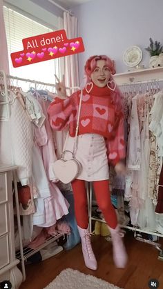 Pink Cool Outfits, Lovecore Aesthetic Clothes, Pink Nonbinary Outfit, Fashion Cute Girly, Orange Pink Outfits, Lovecore Outfit Male, Heart Core Outfits, Love Themed Outfits, Outfit Inspirations Colorful