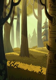 an animated forest scene with trees and grass