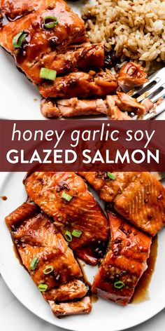 honey garlic soy glazed salmon on a plate with rice