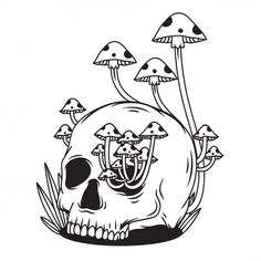 a black and white drawing of a skull with mushrooms on it's head in the grass