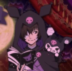 an anime character is reading a book in front of a full moon with skulls on it