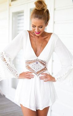 White Plain Hollow-out Lace Chiffon Short Jumpsuit Stil Boho, Shorts Romper, Casual Styles, Sleeved Romper, Inspiration Mode, Long Sleeve Romper, Playsuit