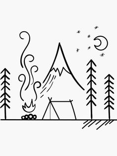 a black and white drawing of a tent in the woods with trees around it that has a campfire coming out of it