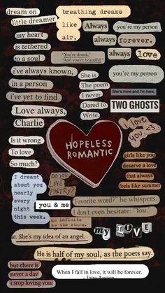 a collage of different types of words and phrases on a black background with red heart