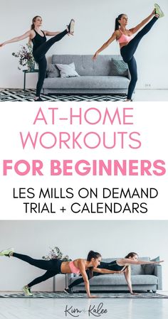 two women doing exercises with the words at home workouts for beginners, lies mills on demand trial and caledars