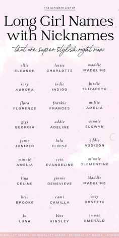 Searching for pretty girl names for your baby girl, and love the idea of a long baby name? Then this is the baby names list for you! These baby girl names are all cute, modern baby names and they have the *CUTEST* nicknames. Like ever. See the whole list of girls names → → →