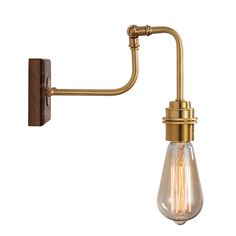 an antique brass wall light with a clear glass bulb on the side and a wooden arm