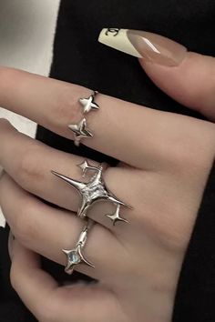 star ring, aesthetic ring Luxury Classic Star-shaped Jewelry, Cheap Adjustable Star-shaped Rings, Cheap Casual Silver Rings, Cheap Y2k Style Streetwear Jewelry, Cheap Cute Rings For Women, Cool Silver Accessories, Cheap Y2k Style Women's Jewelry, Trendy Silver Ring, Cool Silver Ring Sets