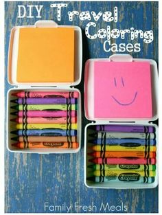 two boxes filled with crayons and the words diy travel coloring cases