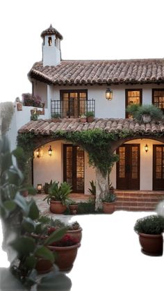 a house with potted plants in front of it and lights on the windows above